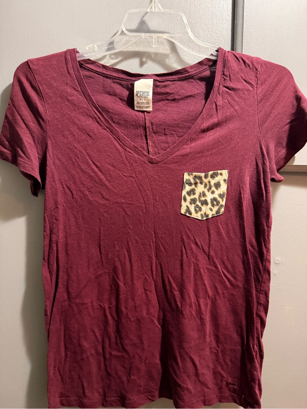 PINK Victoria's Secret V-Neck Tee with Leopard Pocket - Maroon